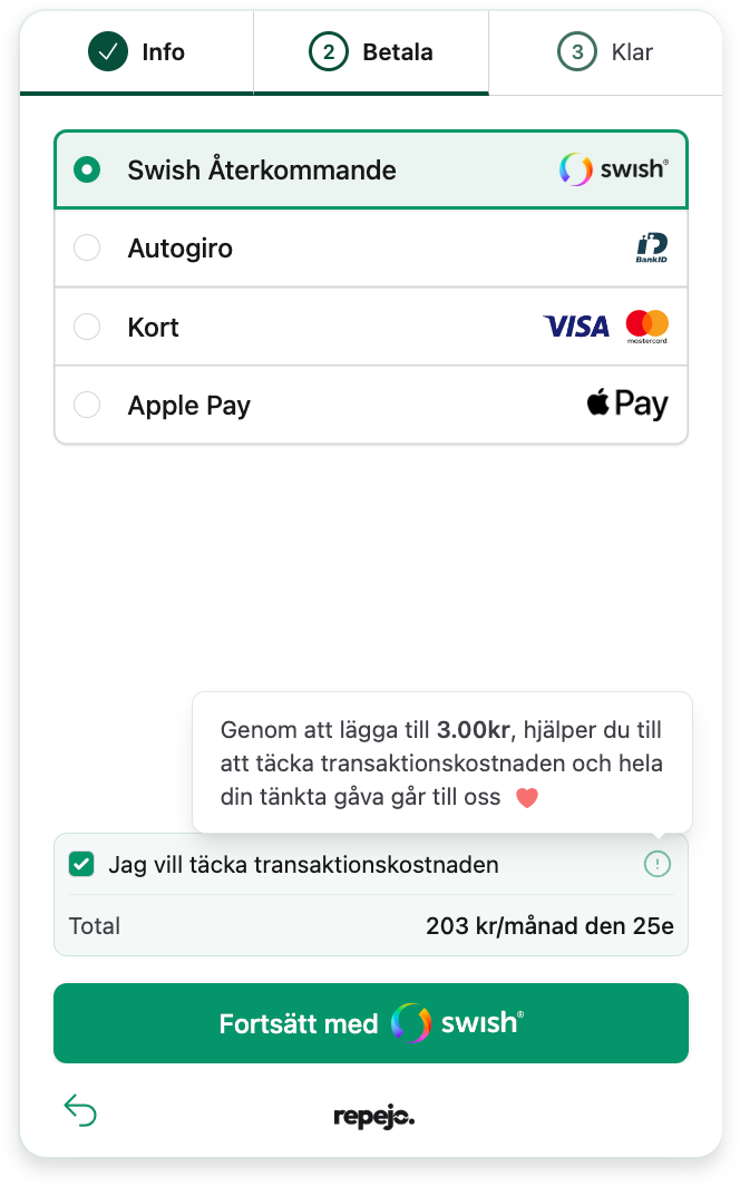 Transaktionskostnad checkbox i betalning