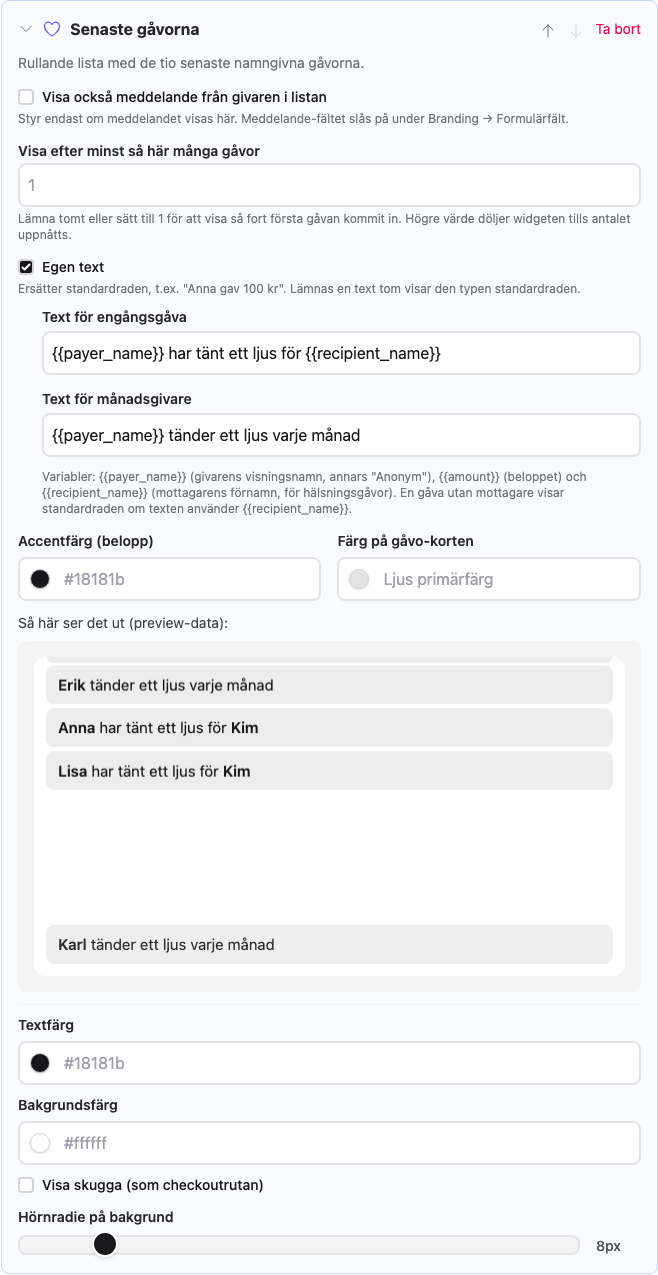 Egen text i blocket Senaste gåvorna