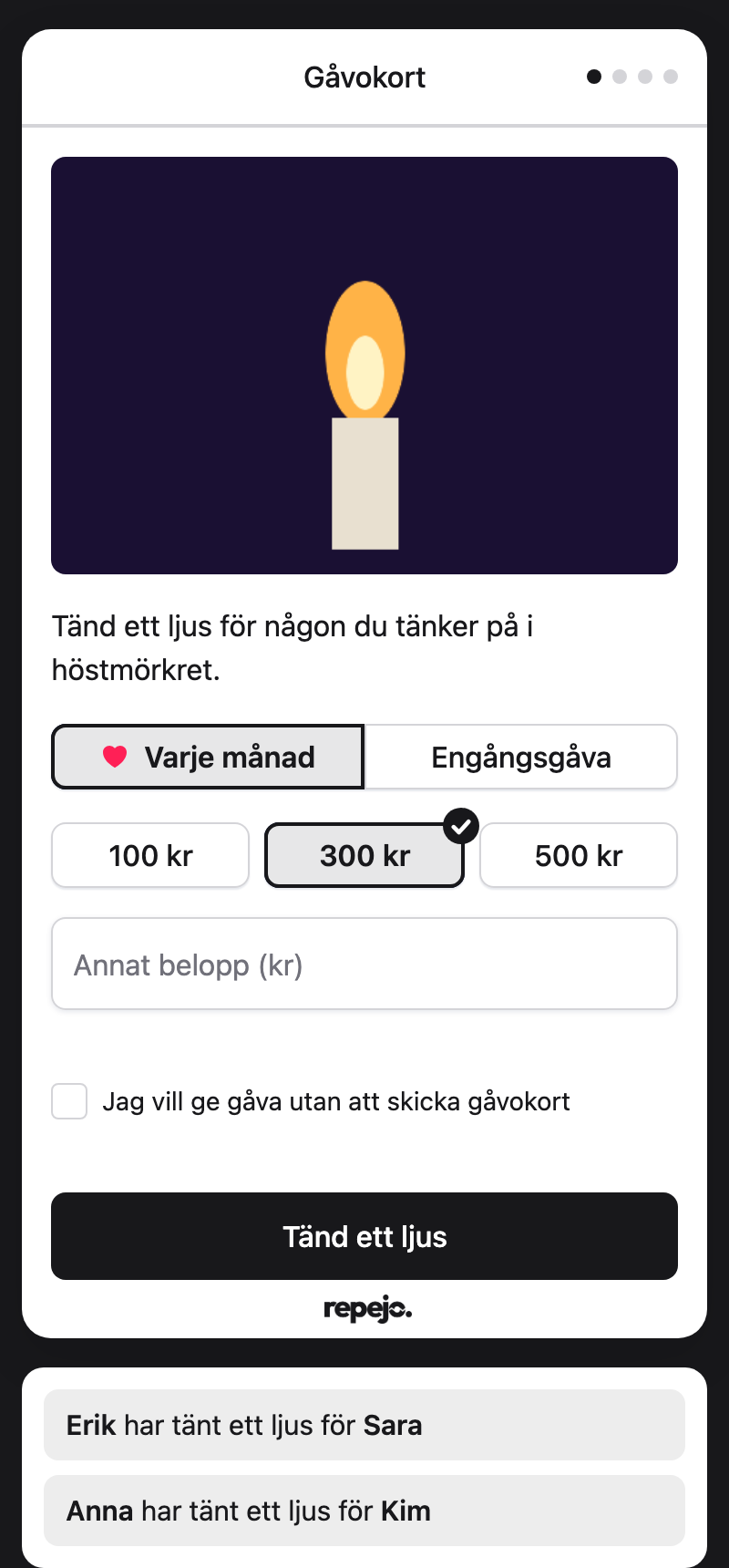 Första steget i en hälsningsgåva: kort, periodicitet och belopp