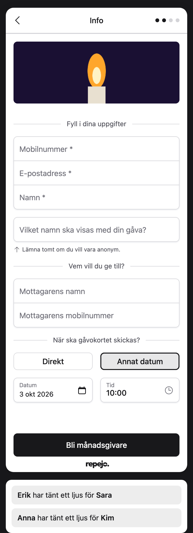 Steg 2: givarens och mottagarens uppgifter och datum