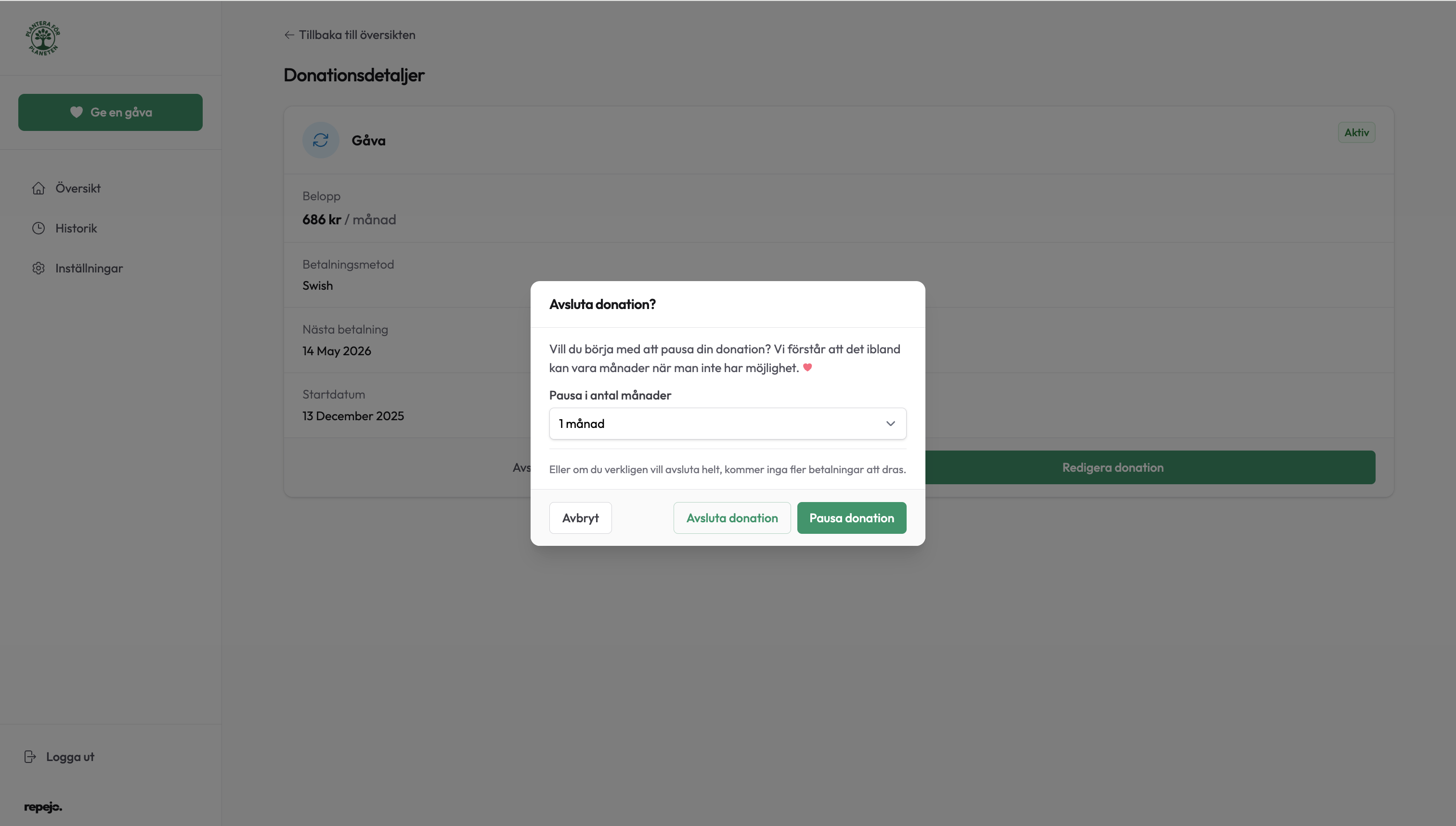 Hantera donation i givarportalen